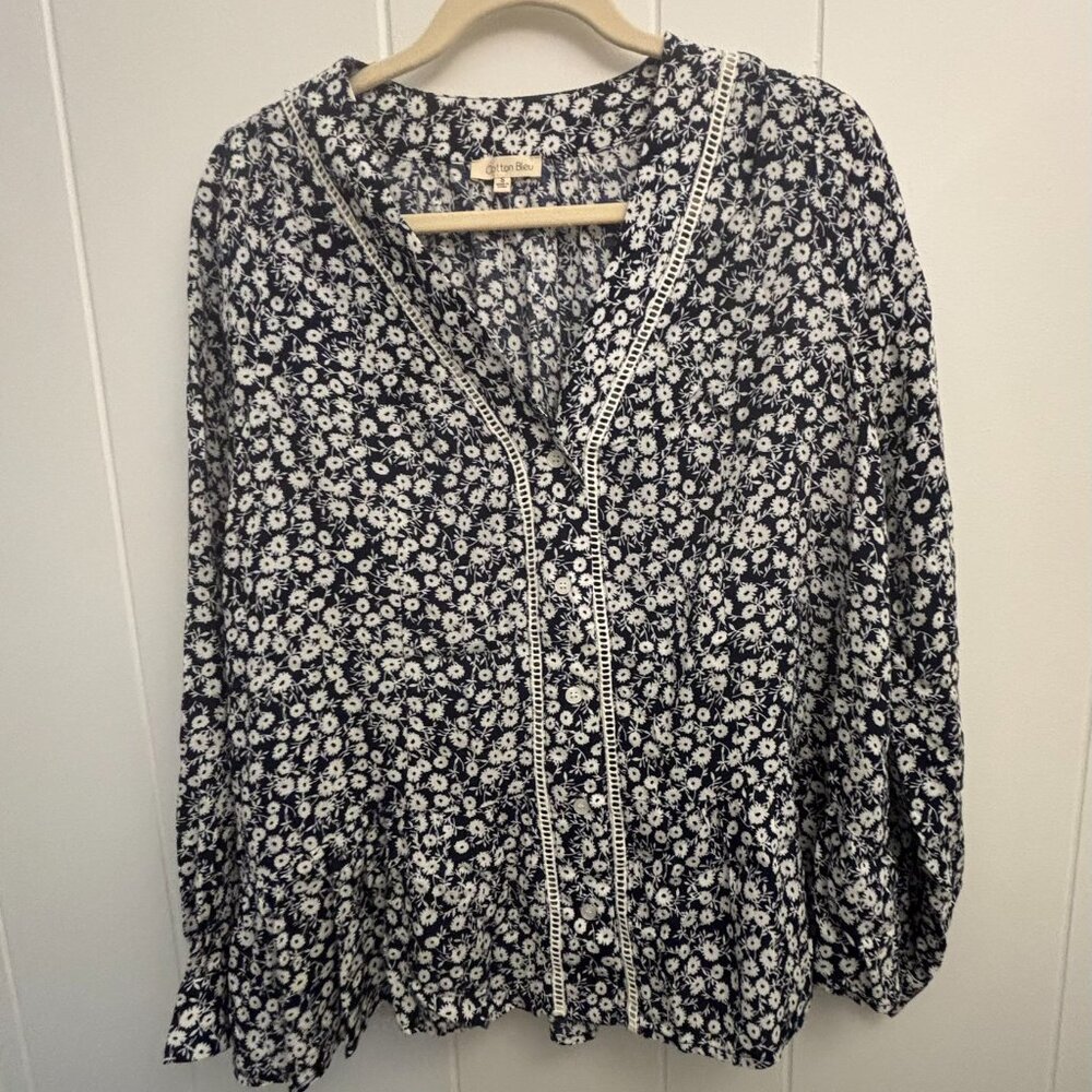 Cotton Bleu Small Blouse Shirt Top Floral Long Sleeves Crochet Trim Cottagecore